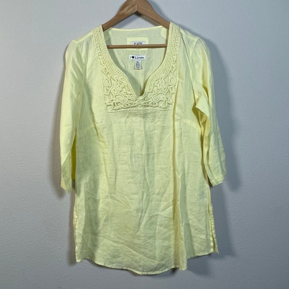 Malvin Linen Tunic Women XL Yellow 3/4 Sleeve Crochet Lace‎ V-Neck Coastal Boho